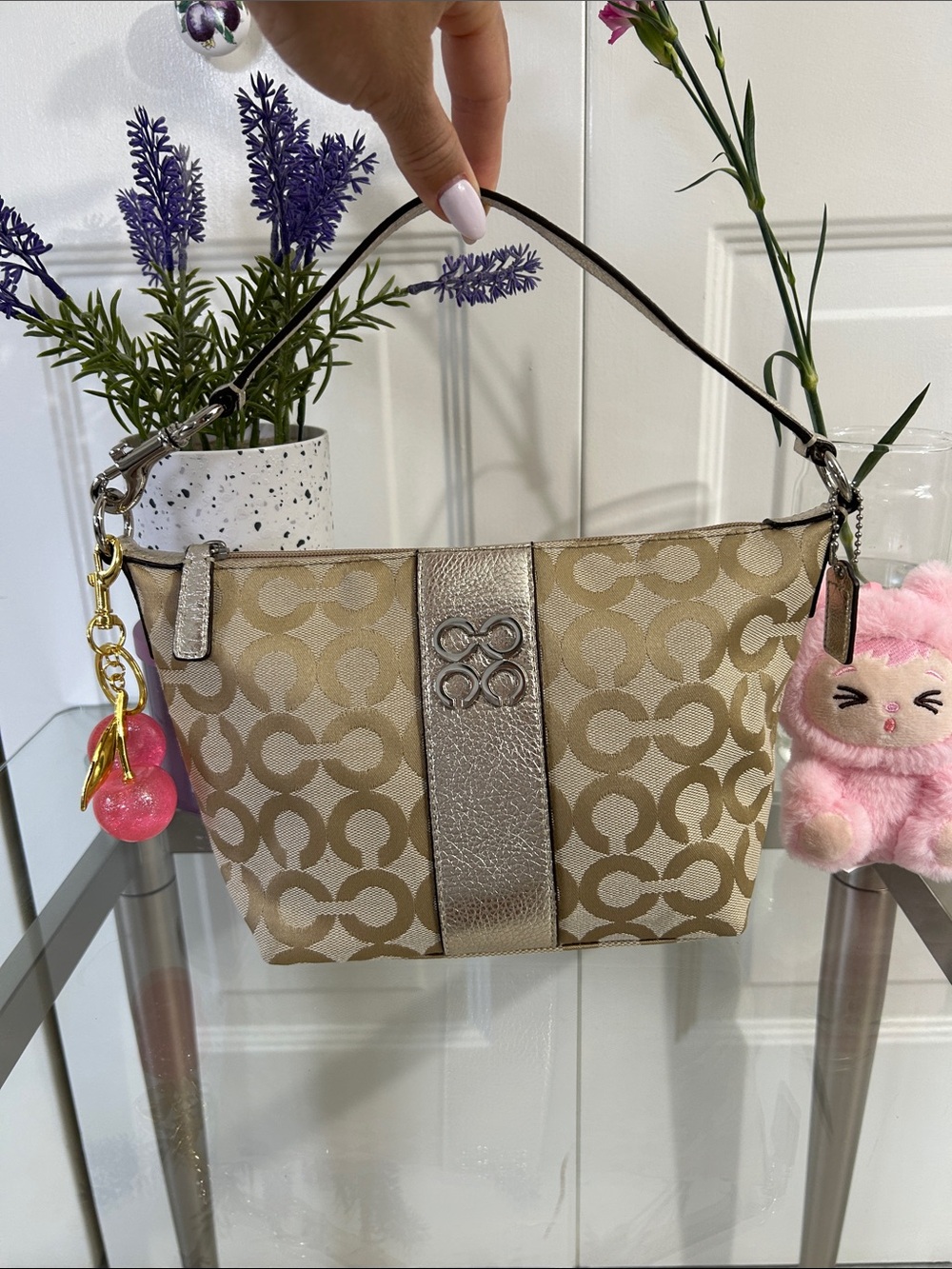 Coach Vintage Beige Logo Jacquard Mini Bag with Metallic Strap
